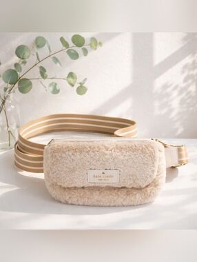 kate spade Cream Faux-Shearling Mini Belt Bag with Striped Strap